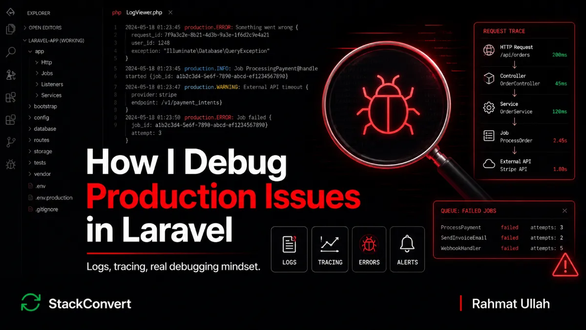 How I Debug Production Issues in Laravel - hero image illustrating production debugging in a Laravel application: logs, request correlation IDs, queue job tracing, and incident investigation
