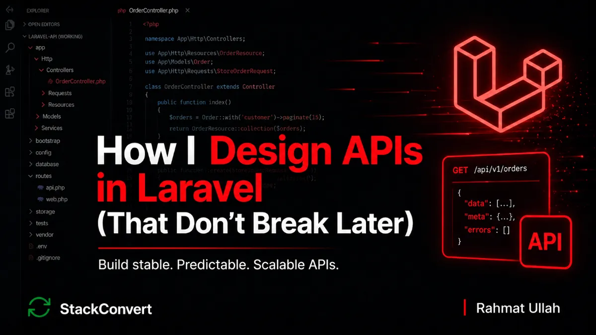How I Design APIs in Laravel (That Don't Break Later) - hero image showing a stable Laravel API contract surviving multiple clients