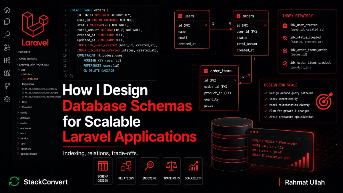 How I Design Database Schemas for Scalable Laravel Applications - hero image showing a Laravel database schema with tables, foreign keys, composite indexes, and lifecycle state columns