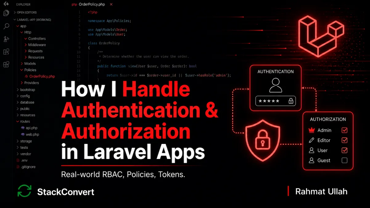 How I Handle Authentication and Authorization in Laravel Apps - hero image showing Laravel access control with policies, gates, and roles