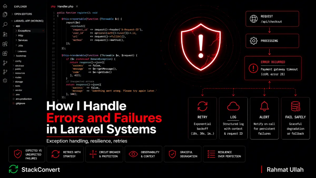 How I Handle Errors and Failures in Laravel Systems - hero image illustrating production resilience: expected vs unexpected failures, retries with backoff, circuit breakers, structured logs, and graceful degradation