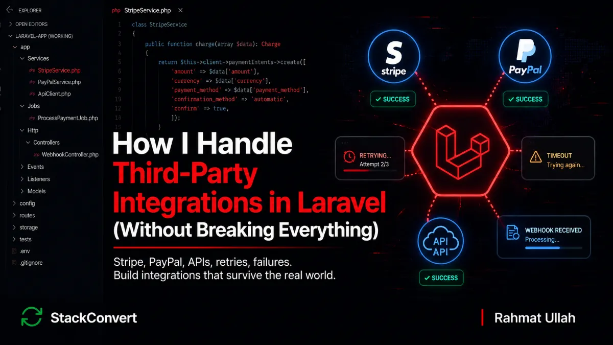 How I Handle Third-Party Integrations in Laravel - hero image showing a Laravel application connecting to external APIs with retries, queues, and webhook handling