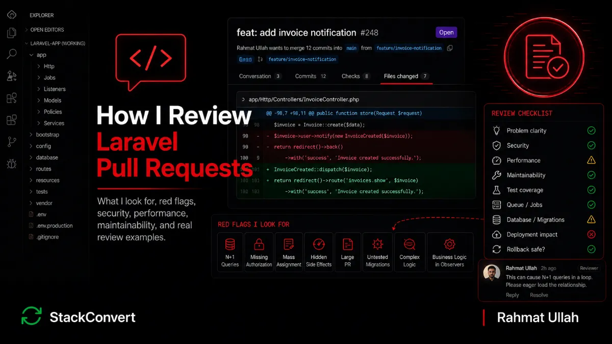 How I Review Laravel Pull Requests - hero image of a senior engineer reviewing a Laravel pull request with focus on risk, queues, migrations, and operational impact rather than formatting