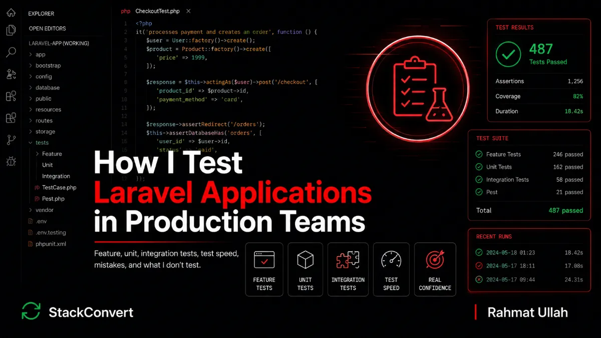 How I Test Laravel Applications in Production Teams - hero image of a senior engineer reviewing feature tests, factories, mocks, and a green CI dashboard alongside a production system