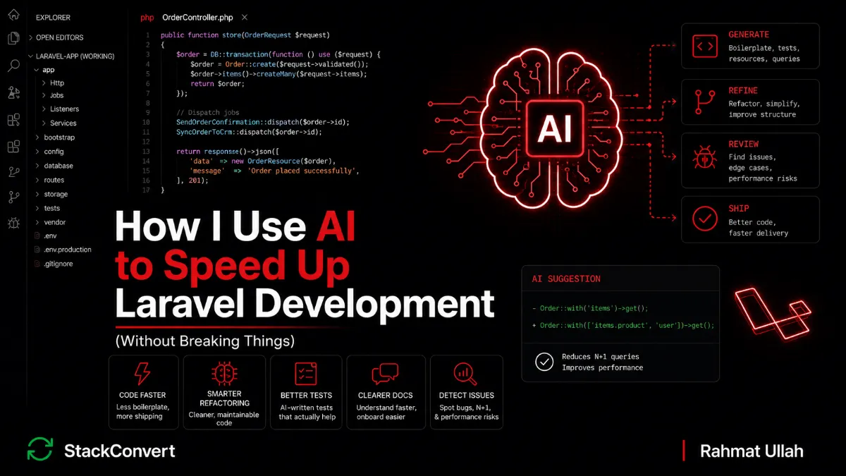 How I Use AI to Speed Up Laravel Development - hero image illustrating an AI pair programmer alongside a Laravel codebase, with Policies, Jobs, Notifications, and production safety checks in the foreground