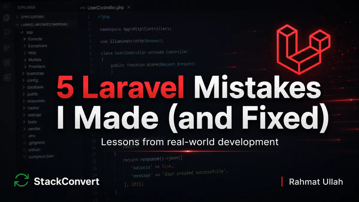 5 Laravel Mistakes I Made (and Fixed) - hero image showing PHP code in an editor