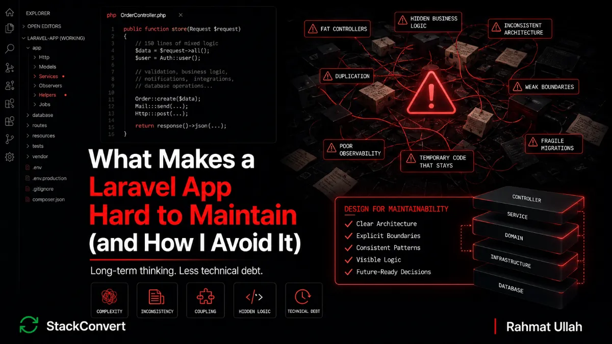 What Makes a Laravel App Hard to Maintain - hero image illustrating Laravel maintainability and technical debt: fat controllers, hidden observers, inconsistent architecture, and temporary hacks that quietly become permanent